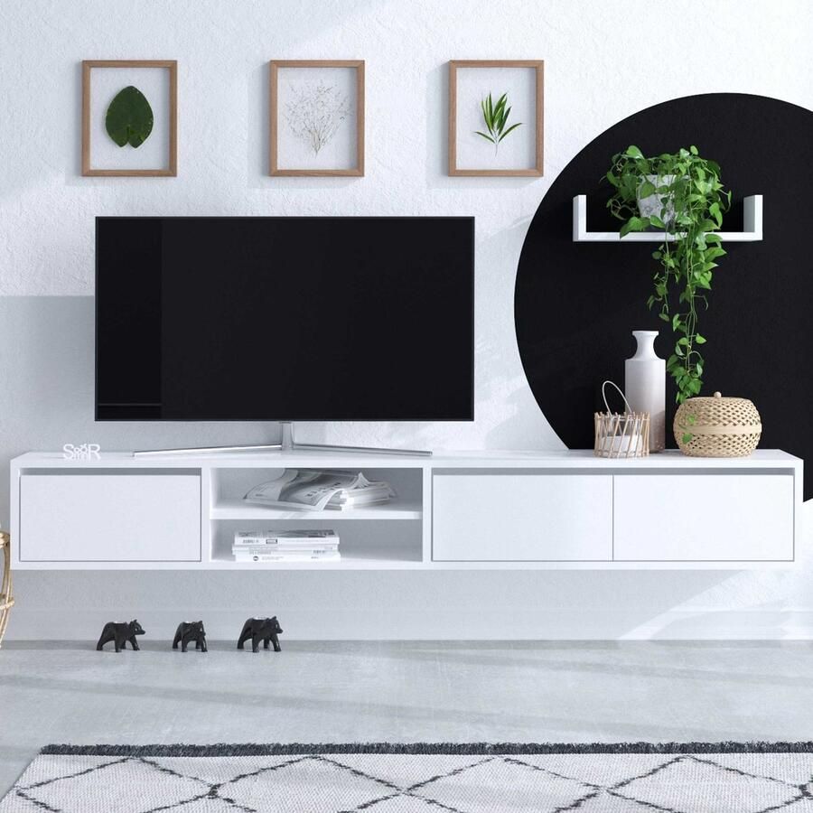 Emob Tv-meubel Emerald 100% Melamine Gecoat Zwevend Wit Woonkamerkasten Wit Melamine; Spaanplaat Woonkamerkasten Op voorraad