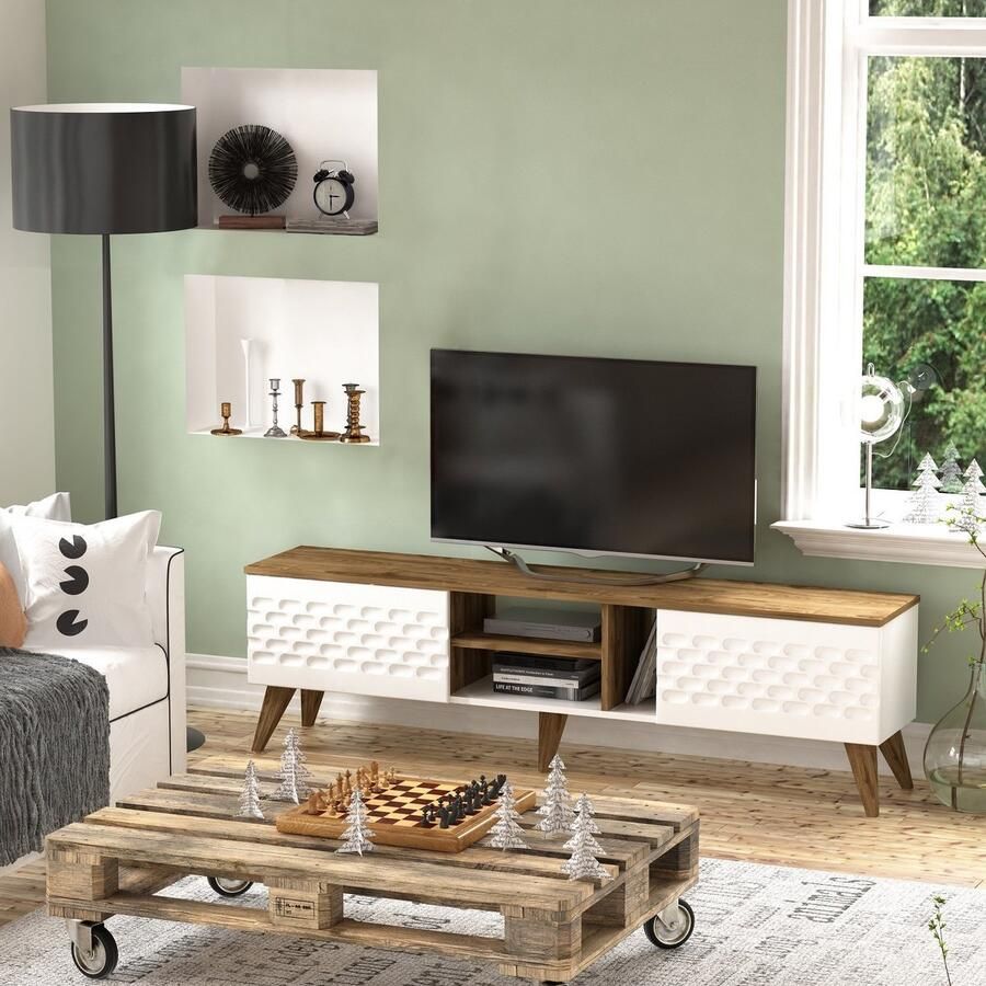 Asir tv-meubel. 100% GEMELAMINEERDE SPAANPLAAT. Dikte: 18 mm. Afmeting TV-standaard: Breedte: 180 cm Hoogte: 53 cm Diepte: 35 cm. Breedte middelste plank: 44 2 cm. Talrijke planken. Kan aan de muur worden bevestigd. Extra opslag