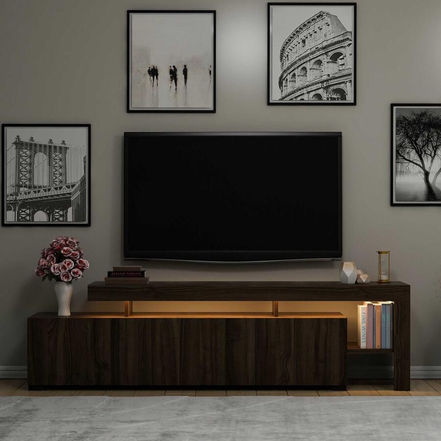 Emob Tv-meubel Tijn met led-verlichting 37x192x53 cm MDF walnoot Woonkamerkasten Bruin MDF Woonkamerkasten Op voorraad