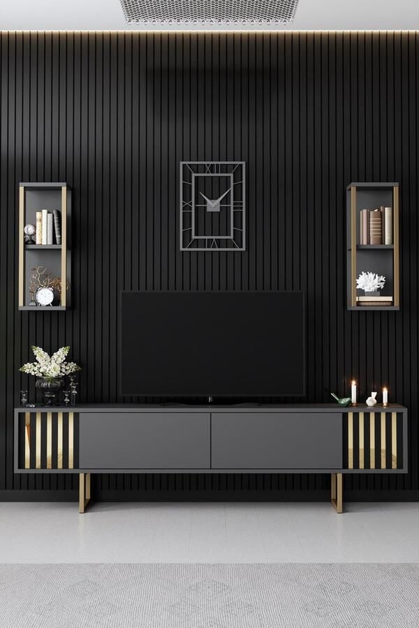 Emob tv-meubel Woody Fashion 180 x 30 x 48 cm Anthracite Black Woonkamerkasten Antraciet Spaanplaat Woonkamerkasten Op voorraad - Foto 3