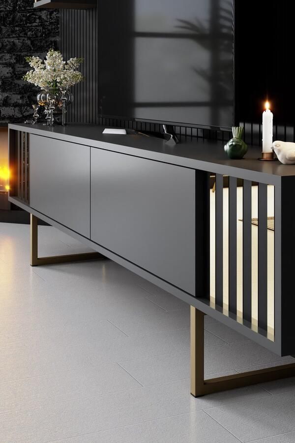 Emob tv-meubel Woody Fashion 180 x 30 x 48 cm Anthracite Black Woonkamerkasten Antraciet Spaanplaat Woonkamerkasten Op voorraad - Foto 2