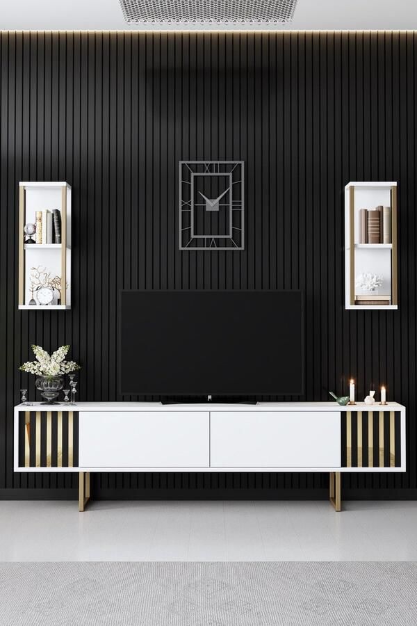 Emob tv-meubel Woody Fashion 180 x 30 x 48 cm White Gold Woonkamerkasten Wit Melamine; MDF; Spaanplaat Woonkamerkasten Op voorraad - Foto 2
