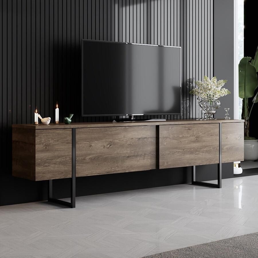 Emob tv-meubel Woody Fashion 180 x 30 x 50 cm Walnut Black Woonkamerkasten Bruin Melamine Woonkamerkasten Op voorraad