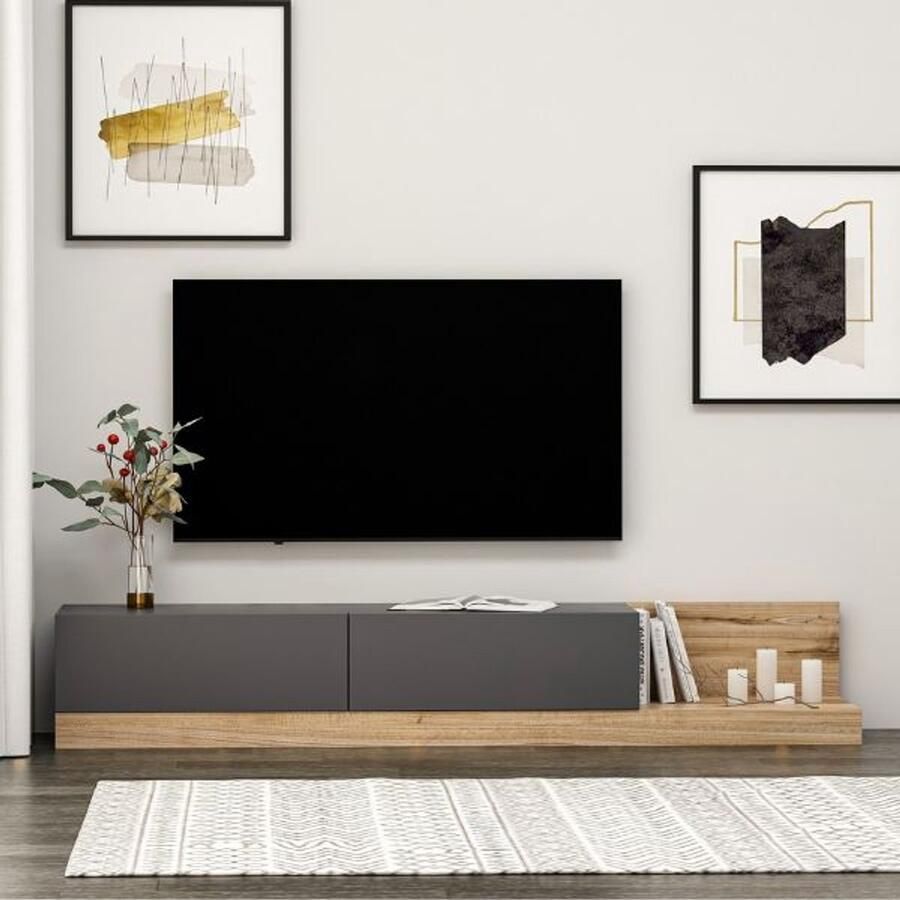 Emob tv-meubel Woody Fashion 180 x 37 x 30 cm Walnut Anthracite Woonkamerkasten Antraciet Melamine; MDF Woonkamerkasten Op voorraad - Foto 2