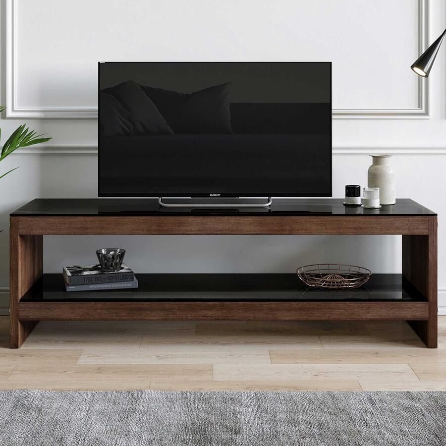 Emob Locelso TV-meubel 100% massief grenenhout 8mm dik gehard glas walnoot Woonkamerkasten Bruin Hout; Glas Woonkamerkasten Op voorraad