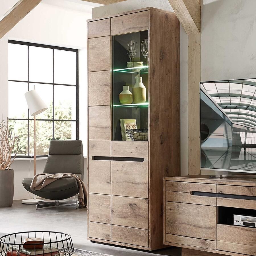 Emob Vitrinekast Bellini 80cm 2 deuren eik antraciet Woonkamerkasten Bruin Melamine; MDF; Spaanplaat; Glas Woonkamerkasten Op voorraad