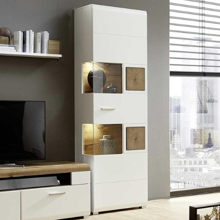 Emob Vitrinekast Felice 1 deur met LED-verlichting wit Woonkamerkasten Wit MDF; Glas Woonkamerkasten Op voorraad