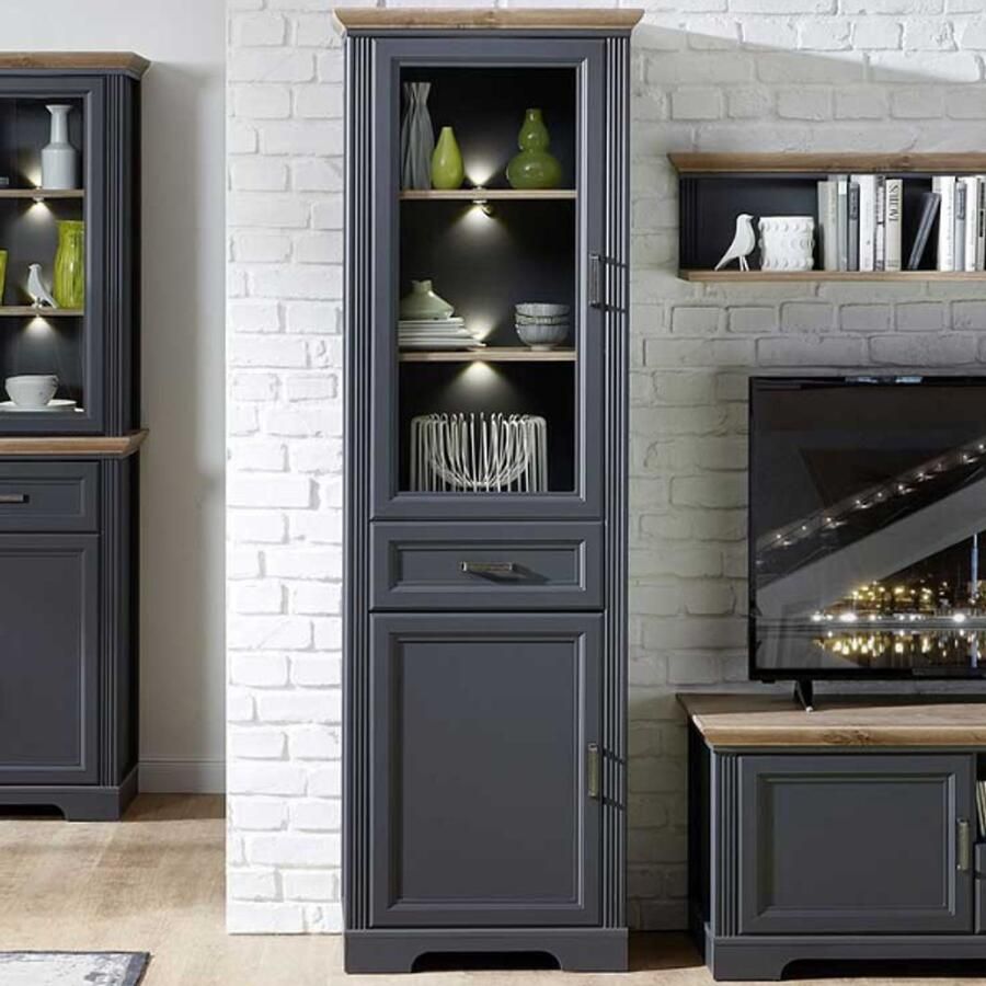 Emob Vitrinekast Samine 66 x 42 x 204 cm Grafietgrijs design Woonkamerkasten Antraciet Spaanplaat; Glas Woonkamerkasten Op voorraad