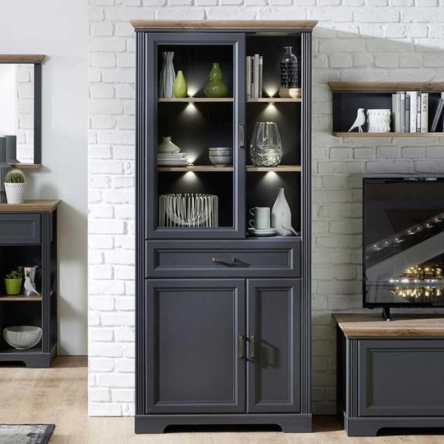 Emob Vitrinekast Samine 93cm 3 deuren & 1 lade wit eik Woonkamerkasten Grijs Spaanplaat; Glas Woonkamerkasten Op voorraad - Foto 5