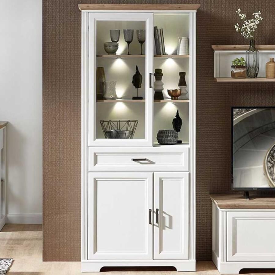 Emob Vitrinekast Samine 93cm 3 deuren & 1 lade wit eik Woonkamerkasten Grijs Spaanplaat; Glas Woonkamerkasten Op voorraad - Foto 6