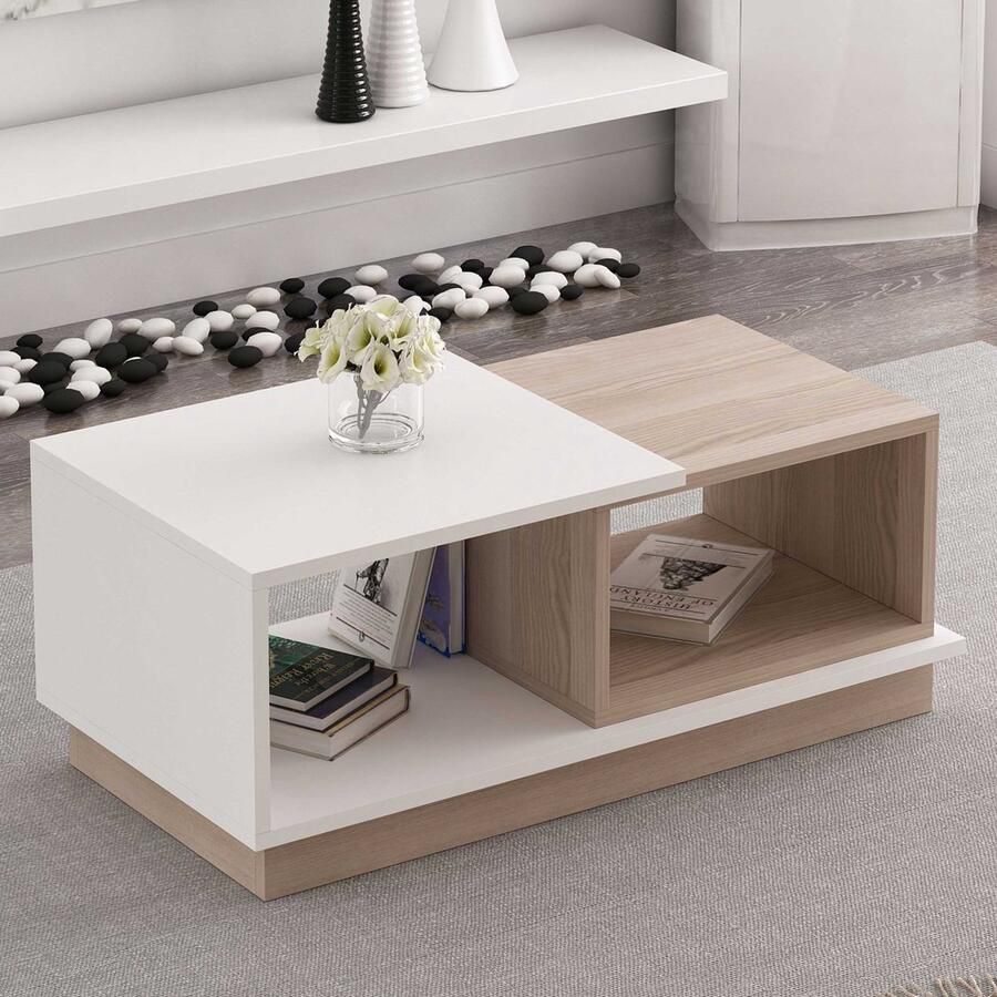 Emob Salontafel Woody Fashion 90 x 45 x 36 cm Oak White-design Rechthoekige salontafels Wit; Bruin Melamine; MDF Rechthoekige salontafels Op voorraad