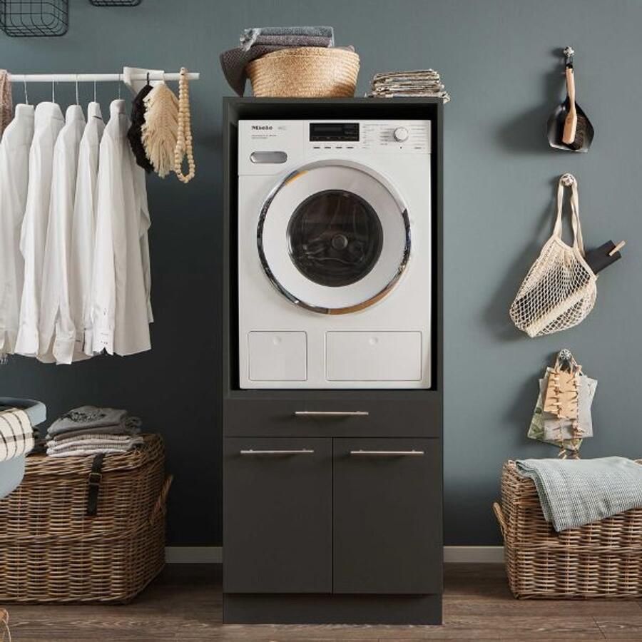 Emob Wasmachinekast Laundreezy 68 x 68 x 162 cm Antraciet Wasmachinekasten Zwart MDF Wasmachinekasten Op voorraad