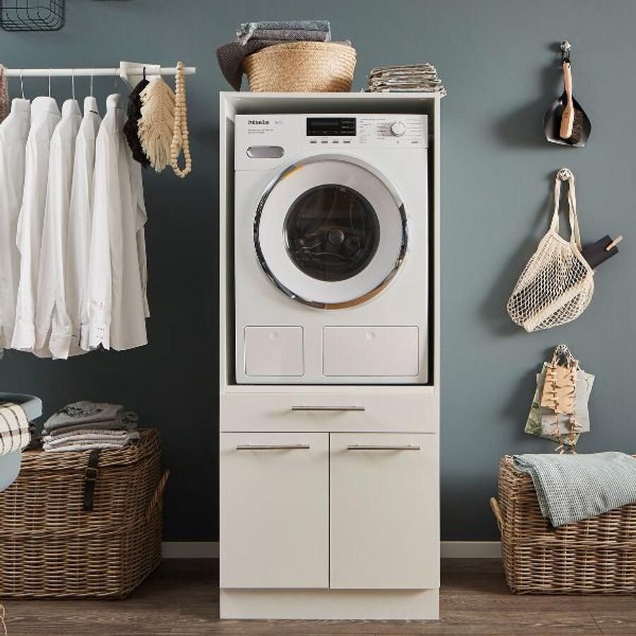 Emob Wasmachinekast Laundreezy 68 x 68 x 162 cm Wit Wasmachinekasten Wit MDF Wasmachinekasten Op voorraad