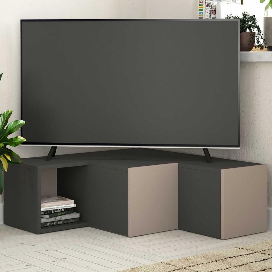 Emob Woody Fashion TV-hoekmeubel Antraciet Lichtbruin 18mm Dik 90x32x92 cm Melamine Gecoat Woonkamerkasten Antraciet Melamine Woonkamerkasten Op voorraad