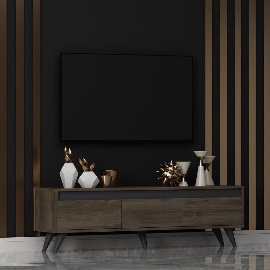 Emob Woody Fashion TV-meubel 100% Melamine Gecoat Notenhout 150cm Breedte Woonkamerkasten Bruin; Antraciet Spaanplaat Woonkamerkasten Op voorraad