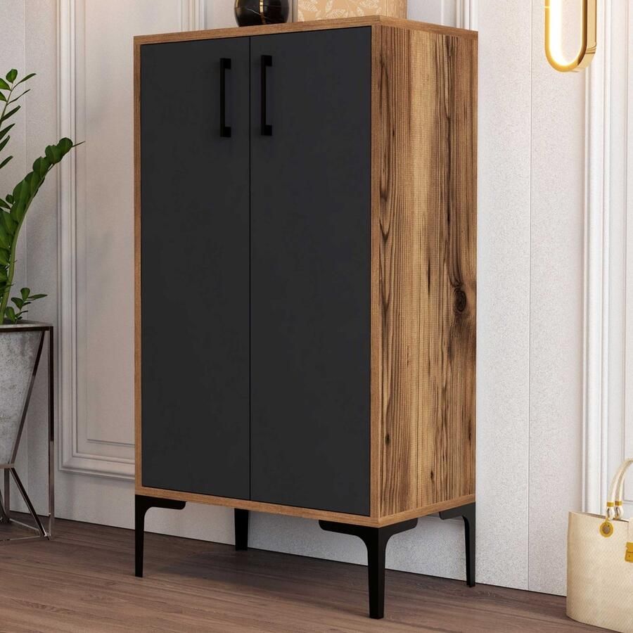 Emob Woody Modieus Schoenenkastje 100% Melamine Metalen Poot Noten Antraciet Woonkamerkasten Bruin; Antraciet Melamine; Spaanplaat Woonkamerkasten Op voorraad