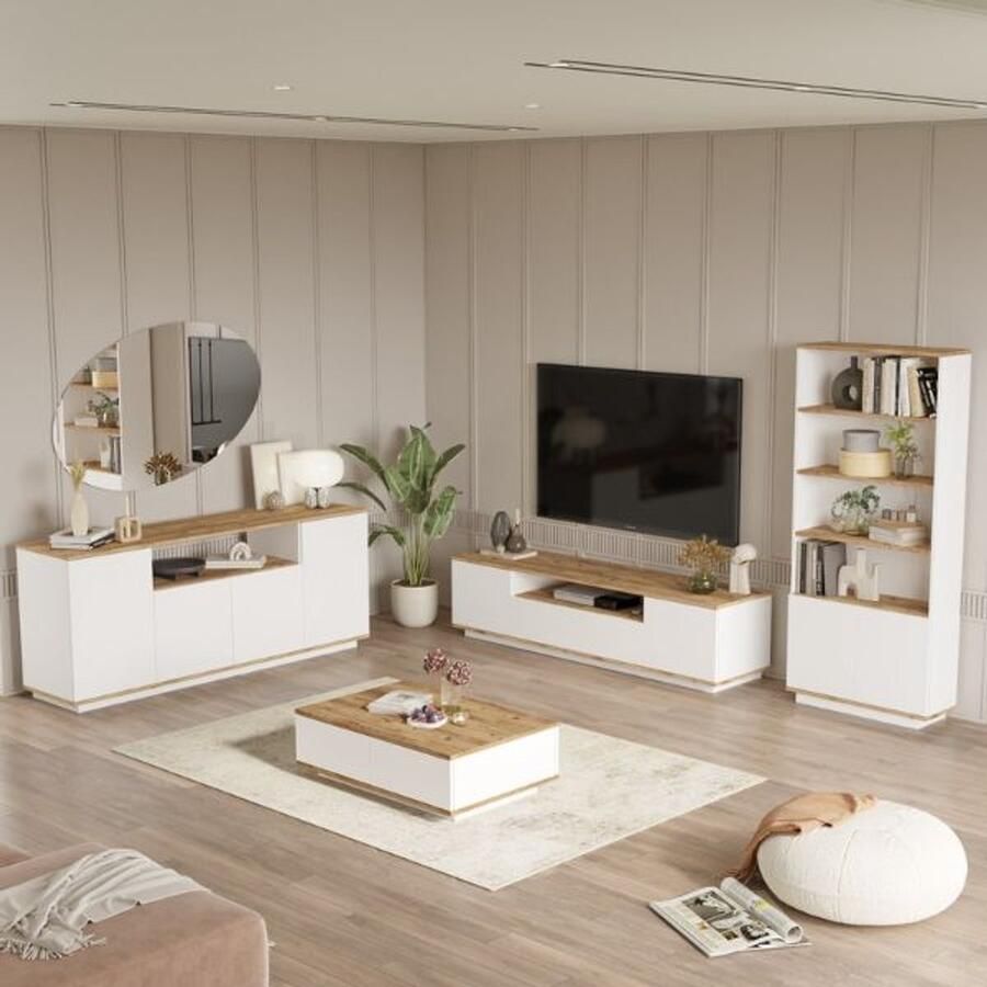 Emob Woonkamerset Woody Fashion tv-meubel salontafel boekenkast en dressoir Atlantic Pine White Complete woonkamers Wit Melamine; MDF Complete woonkamers Op voorraad