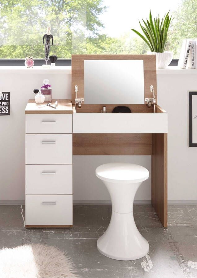 Emob Make-uptafel Loïs 90cm 1 deur & 4 lades lichte eikdecor wit Bega Begabino Back to School Wit; Bruin Spaanplaat Back to School Op voorraad - Foto 3