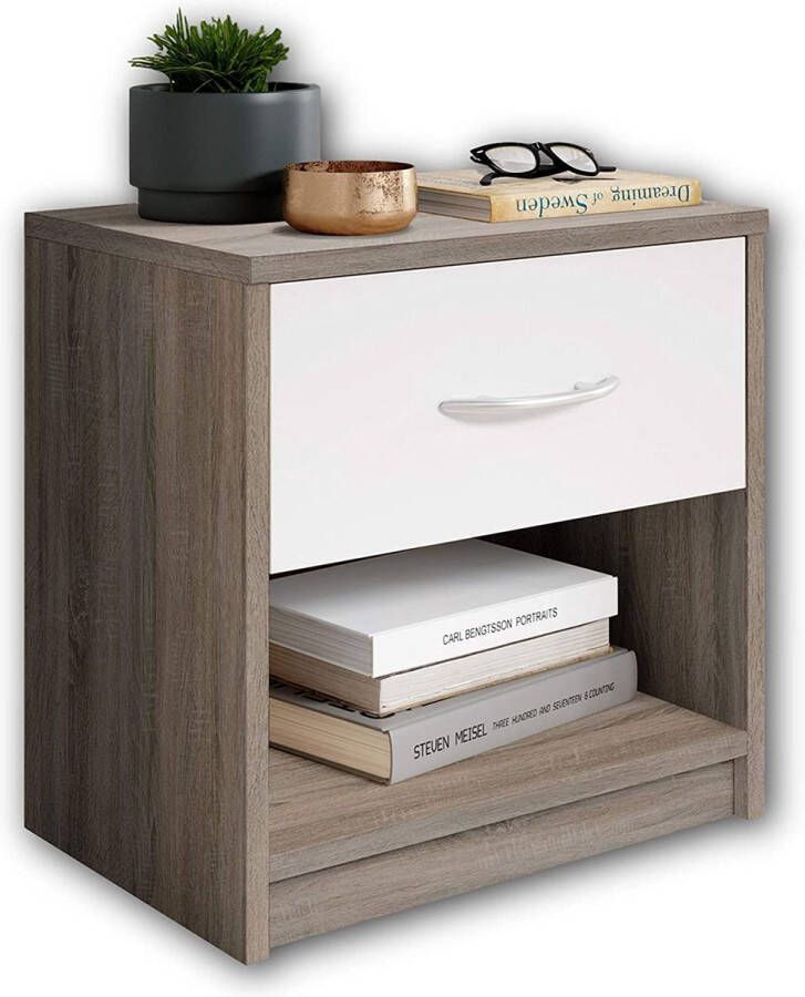 Emob Nachtkastje Beppu met 1 lade grijs wit Slaapkamerkasten Wit; Grijs Spaanplaat Slaapkamerkasten Op voorraad