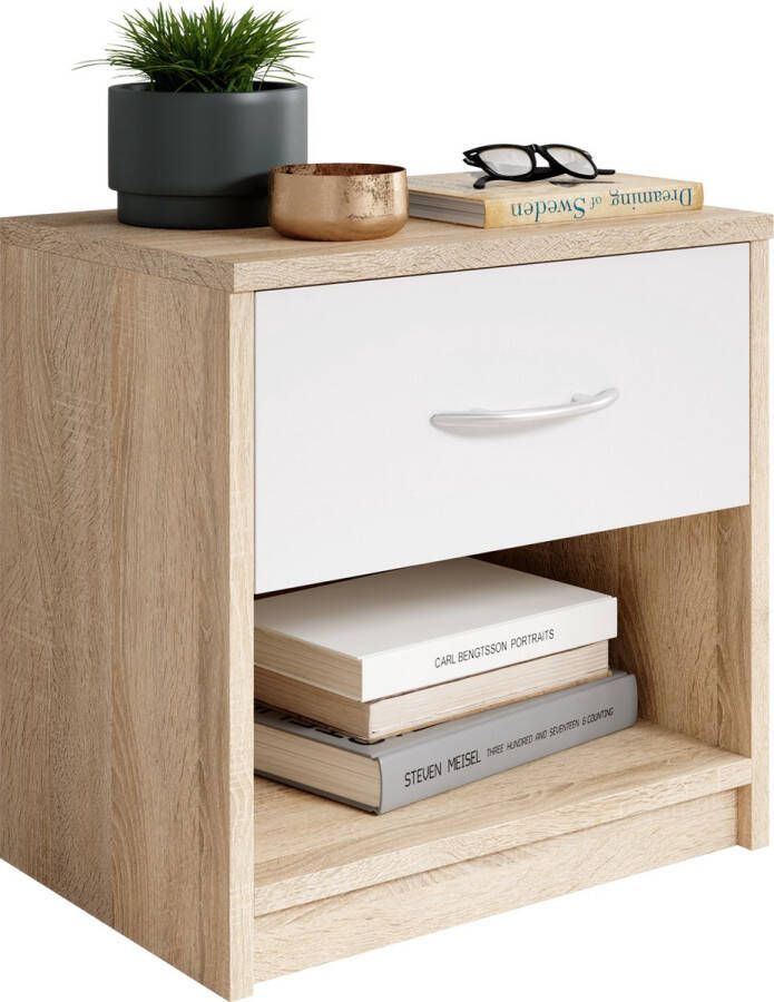 Emob Nachtkastje Beppu met 1 lade eik wit Slaapkamerkasten Wit; Bruin Spaanplaat Slaapkamerkasten Op voorraad