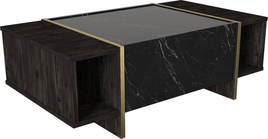 Vente-unique Salontafel 1 deur en 2 nissen Zwart marmer effect en goudkleurig CADEBA L 103.8 cm x H 37.3 cm x D 60 cm