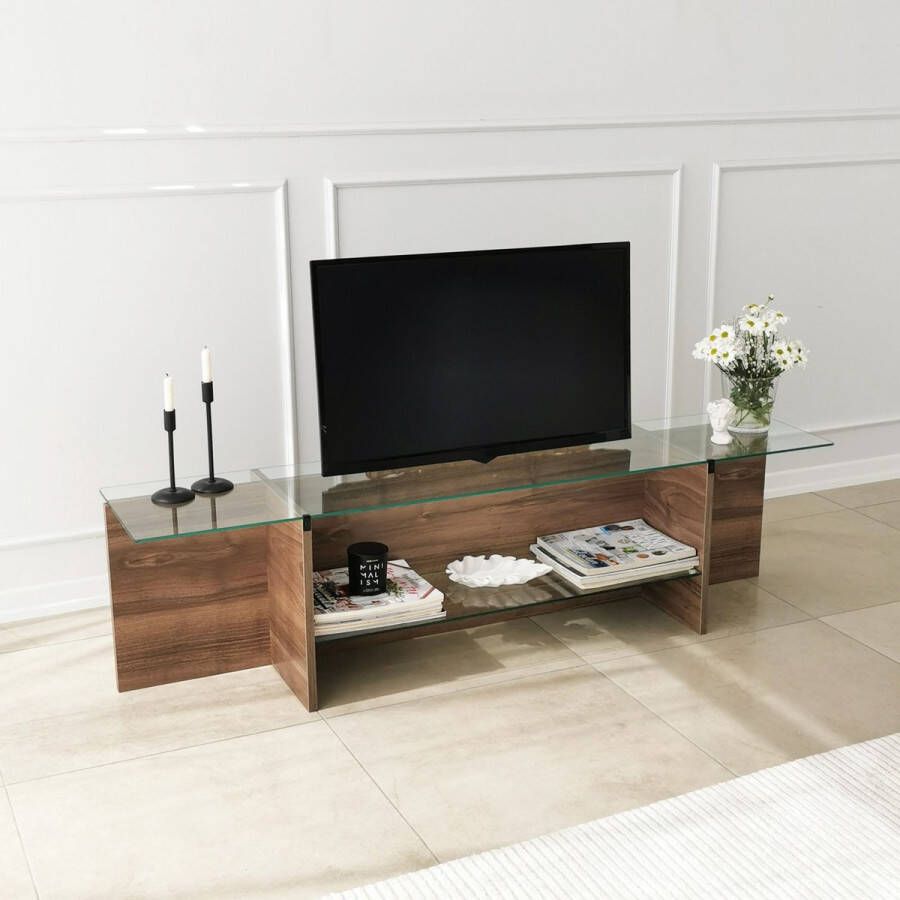 Emob TV Meubel Locelso TV-meubel 100% Gehard Glas Notelaar 158cm Bruin