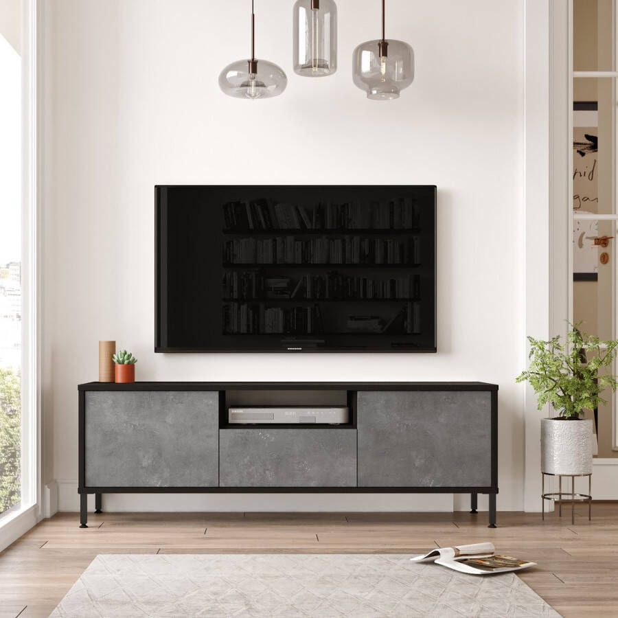 Meise Emob- TV Meubel Modern TV-meubel Melamine coating Metalen poten Meerdere planken Aan de muur te bevestigen Zilver Zwart 140cm Grijs - Foto 2