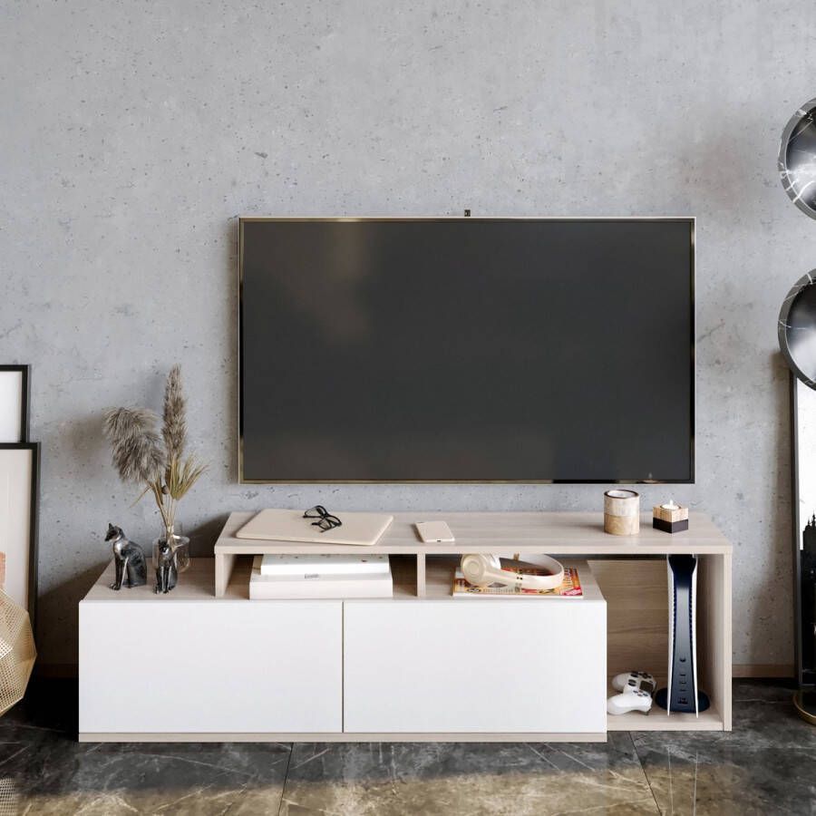 Emob TV Meubel Modern TV-meubel met Planken 100% Gemelamineerd Cordoba Wit 150cm Bruin - Foto 1