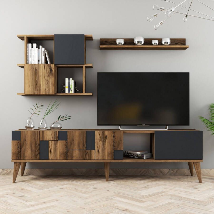 Emob TV Meubel Modern TV-meubel met Planken 100% Gemelamineerd Notelaar Antraciet 180cm Bruin; Antraciet