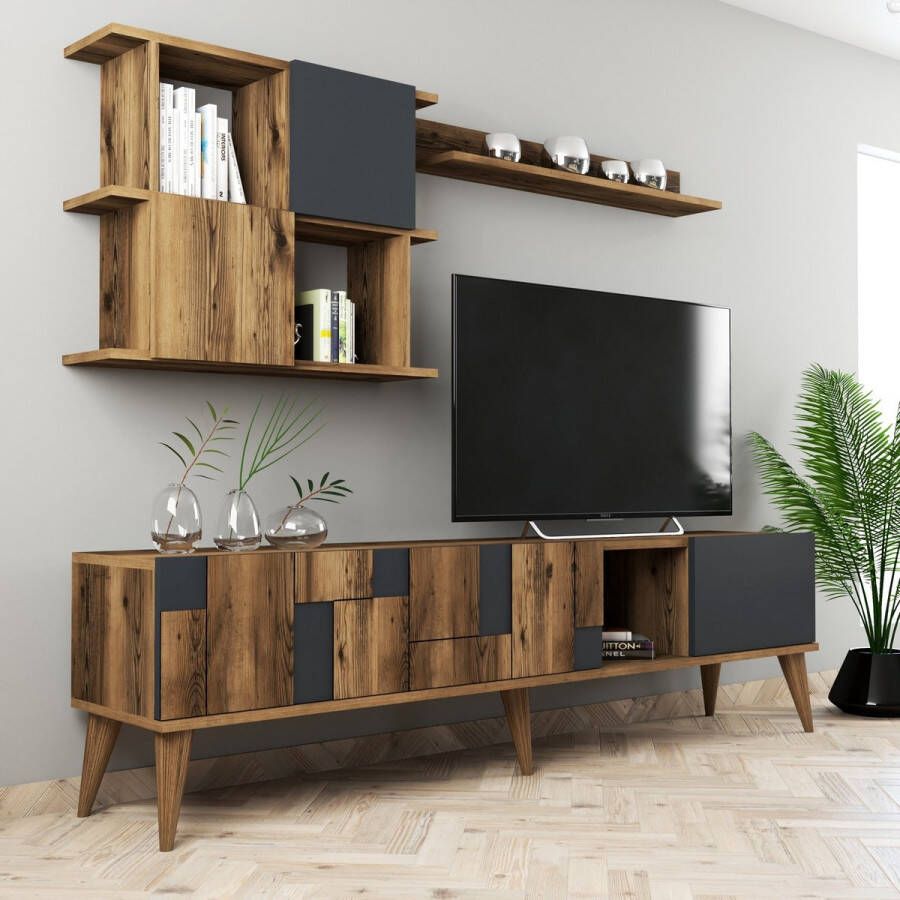 Emob TV Meubel Modern TV-meubel met Planken 100% Gemelamineerd Notelaar Antraciet 180cm Bruin; Antraciet - Foto 3