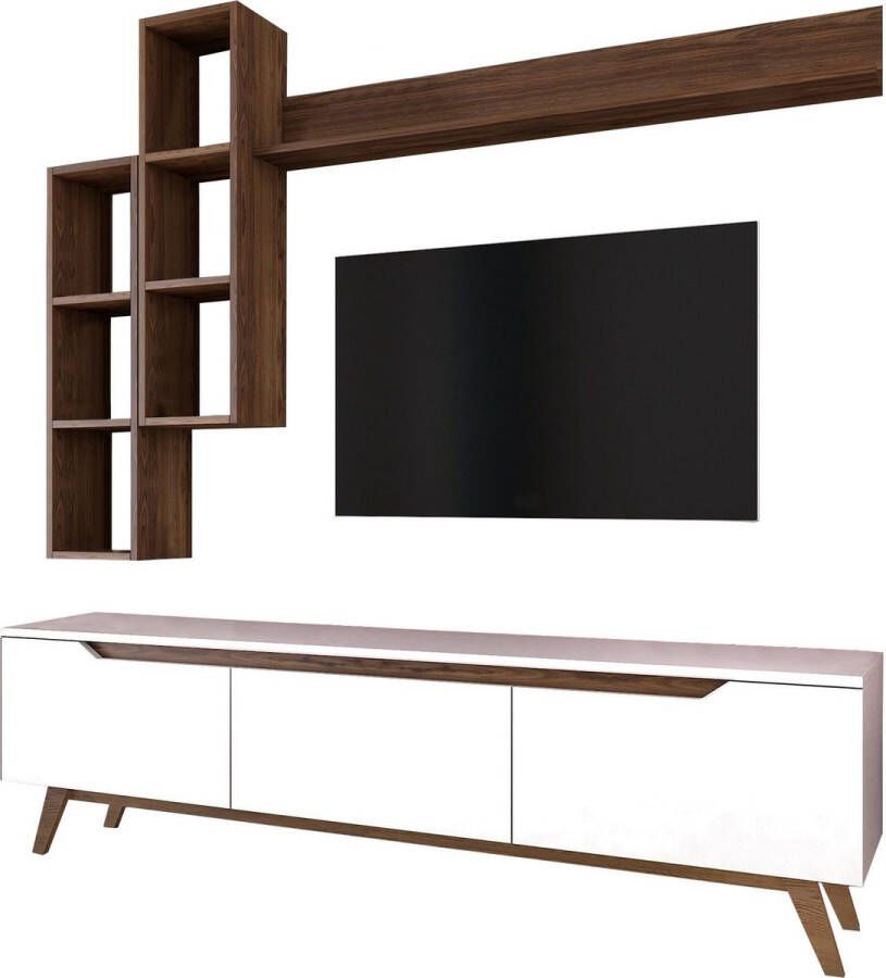 Emob TV Meubel Modern TV-meubel met planken met melamine coating Wit notenhout 180cm Wit; Bruin