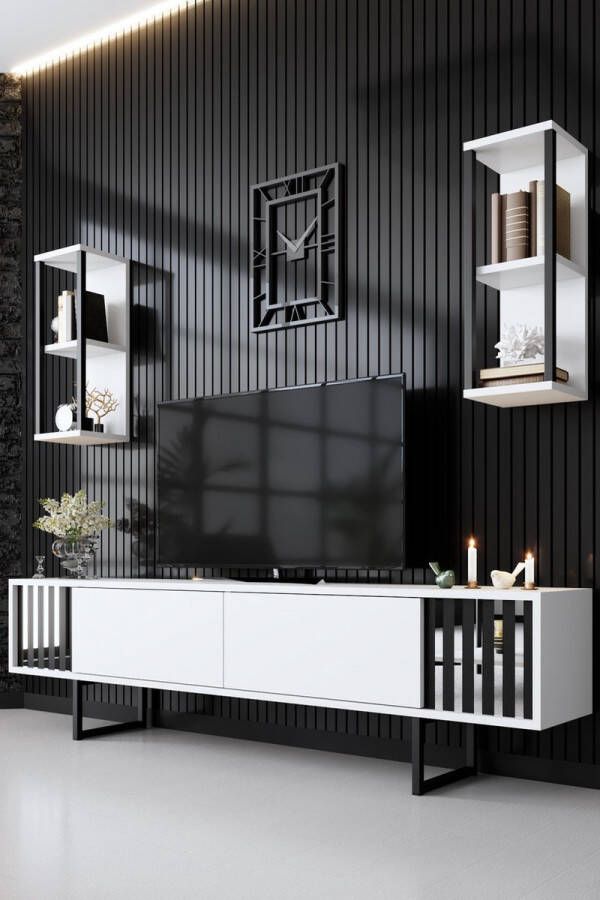 Emob TV Meubel Modern TV-meubel Woody Mode 100% Melamine Metalen Poten Wit Zwart 192cm Wit