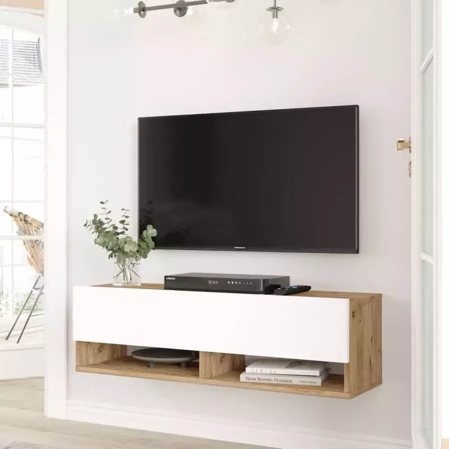 Emob- TV Meubel Modern TV-meubel Melamine coating Atlantic Pine Wit 100cm Wit; Bruin - Foto 2
