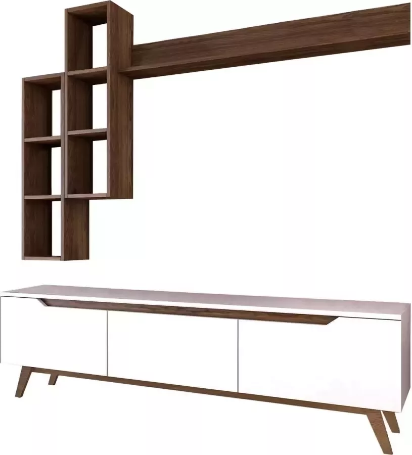 Emob TV Meubel Modern TV-meubel met planken met melamine coating Wit notenhout 180cm Wit; Bruin