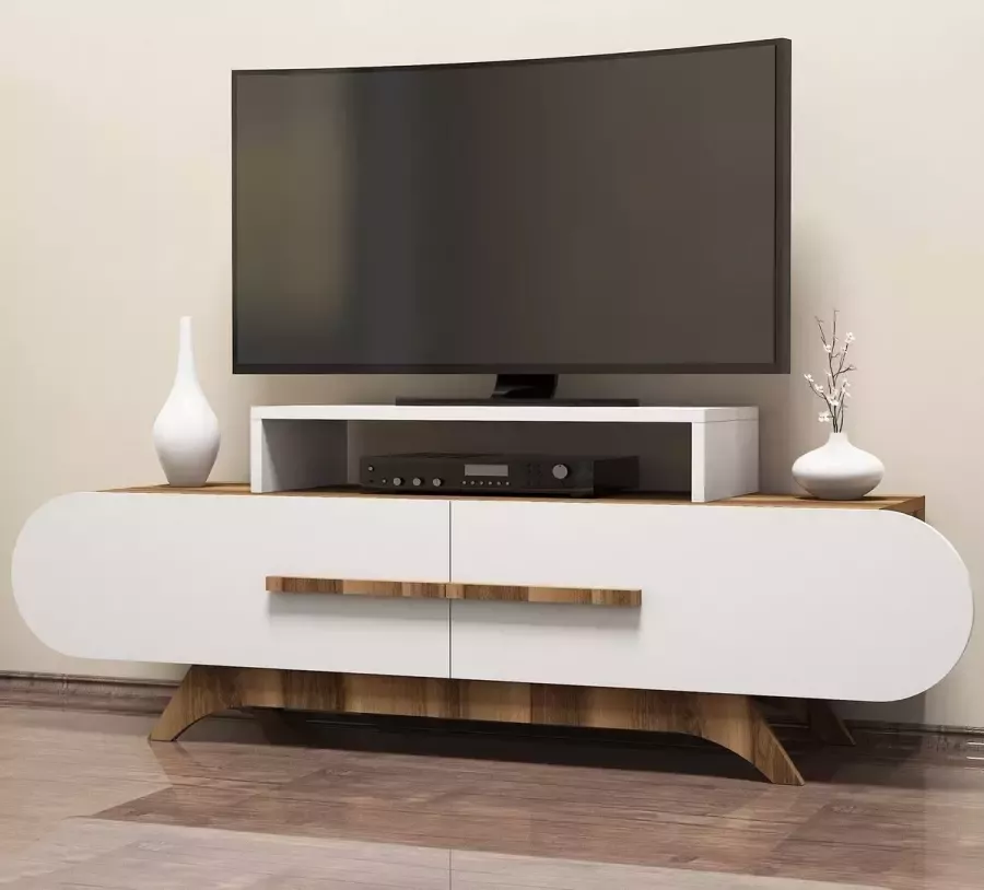 Emob TV Meubel Modern TV-meubel met veel ruimte en notenhout witte afwerking 145cm Wit; Bruin - Foto 2