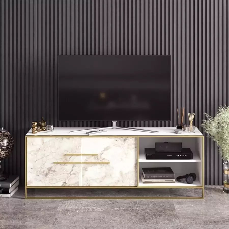 TV Meubel Goud & Wit 160x56 6x38 5cm Melamine Stijlvol en Duurzaam