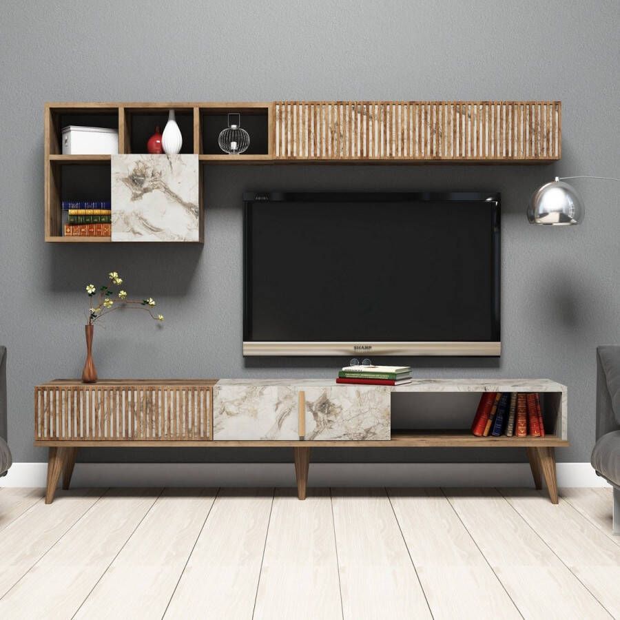 Emob TV Meubel Tv-meubel Melania-okkernoot marmerdecor 180cm Beige