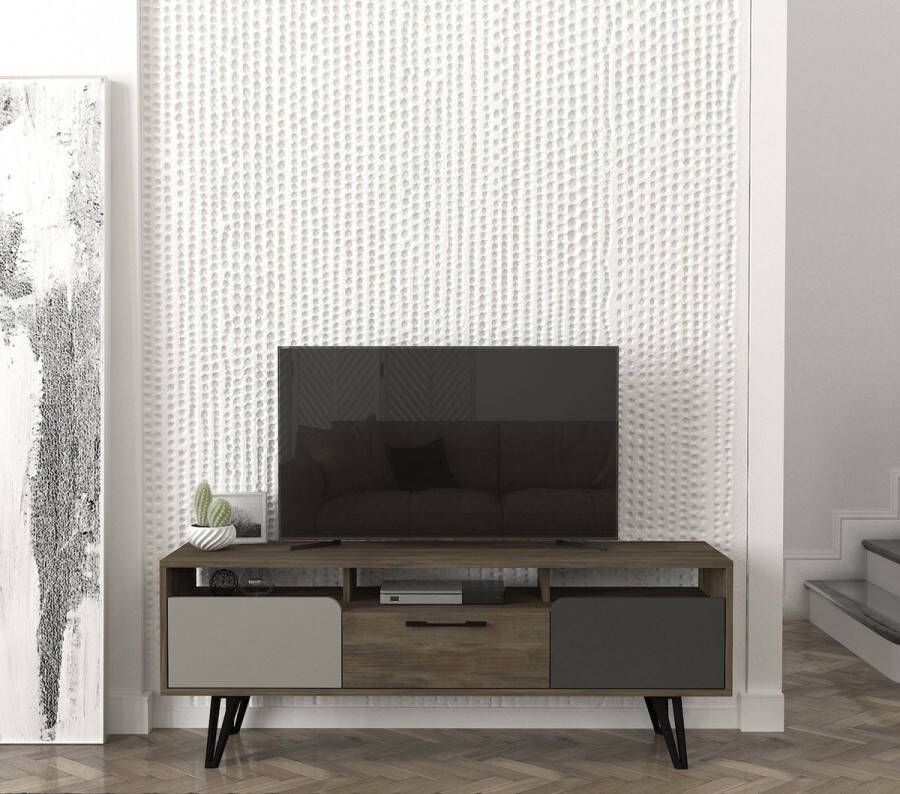 Emob TV Meubel TV-meubel Tera Home 100% Melamine Laag 18mm Dikte Metalen Poten Breedte 55 Hoogte Grijs Antraciet Noten 150cm Bruin