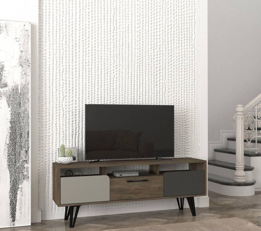 Emob TV Meubel TV-meubel Tera Home 100% Melamine Laag 18mm Dikte Metalen Poten Breedte 55 Hoogte Grijs Antraciet Noten 150cm Bruin