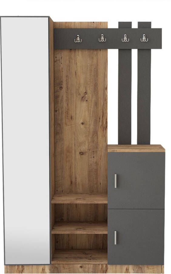 Emob Elegante kapstok met opbergruimte Atlantic Pine Antraciet Halkasten Bruin; Antraciet Melamine; Spiegel; Spaanplaat Halkasten Op voorraad