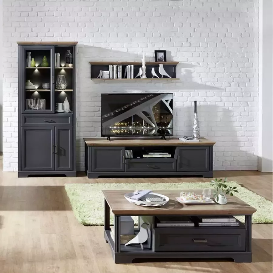 Emob Vitrinekast Samine 93cm 3 deuren & 1 lade wit eik Woonkamerkasten Grijs Spaanplaat; Glas Woonkamerkasten Op voorraad - Foto 3