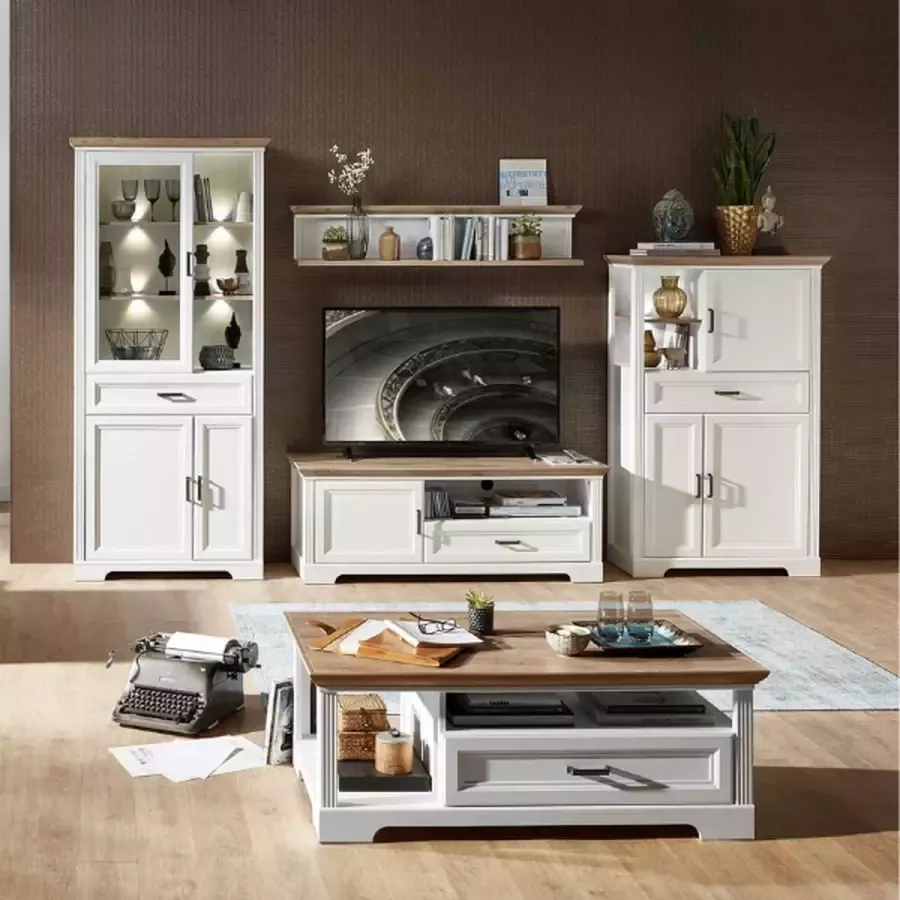 Emob Vitrinekast Samine 93cm 3 deuren & 1 lade wit eik Woonkamerkasten Grijs Spaanplaat; Glas Woonkamerkasten Op voorraad - Foto 7