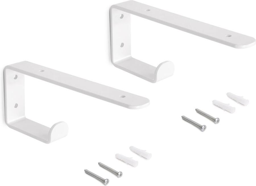 Emuca Plankdragers – Wandsteun – Schapdragers Met Ophanghaak – Minimalistisch – Metaal Meubelbeslag Wandplank voor Planken 60-80 x 25 cm Staal – Max. 10 kg – Incl. bevestigingsmaterialen 2 Stuks – 20 cm – Wit