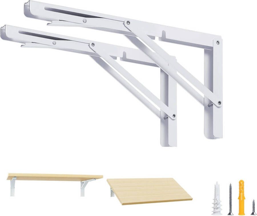 &ERGY Inklapbare Plankdrager – 35 cm tot 50 KG Wit- 2 stuks Klaptafel Wandmontage –Plankdragers metaal – Plankdragers met schroef – Schapdrager – klapbare tafel Wandplank industrieel – Inklapbaar bureau