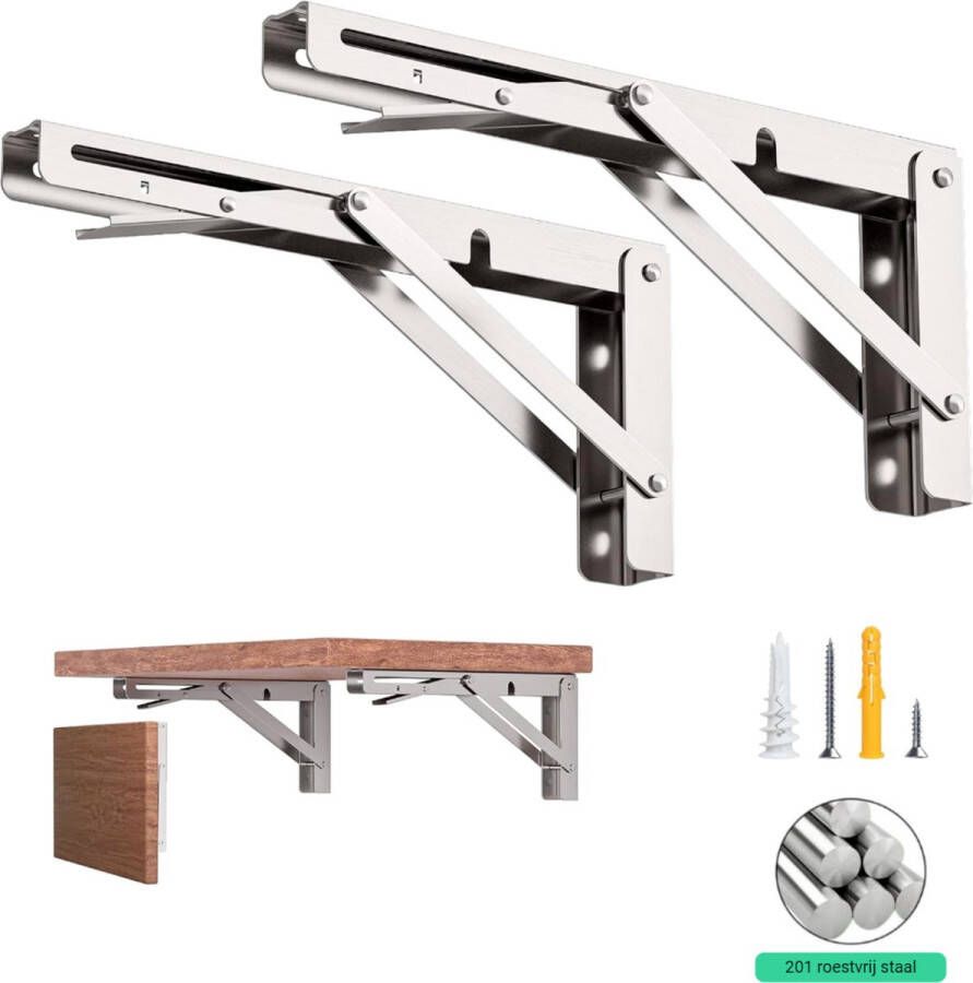 &ERGY Inklapbare Plankdrager – Zilver 2 stuks Plankhouder – 35 cm – tot 50KG Plankdragers metaal – Plankdragers met schroef – Schapdrager – klapbare tafel Wandplank industrieel – Inklapbaar bureau