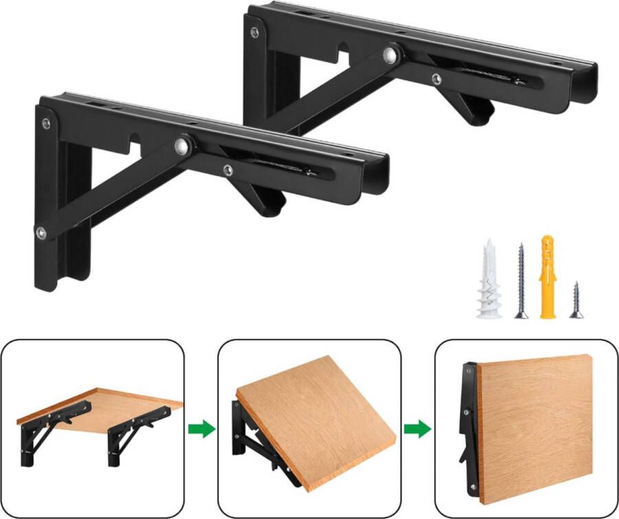 &ERGY Inklapbare Plankdrager – 15 cm tot 50 KG 2 stuks Zwart Klaptafel Wandmontage Plankdragers metaal – Plankdragers met schroef – Schapdrager – klapbare tafel Wandplank industrieel – Inklapbaar bureau