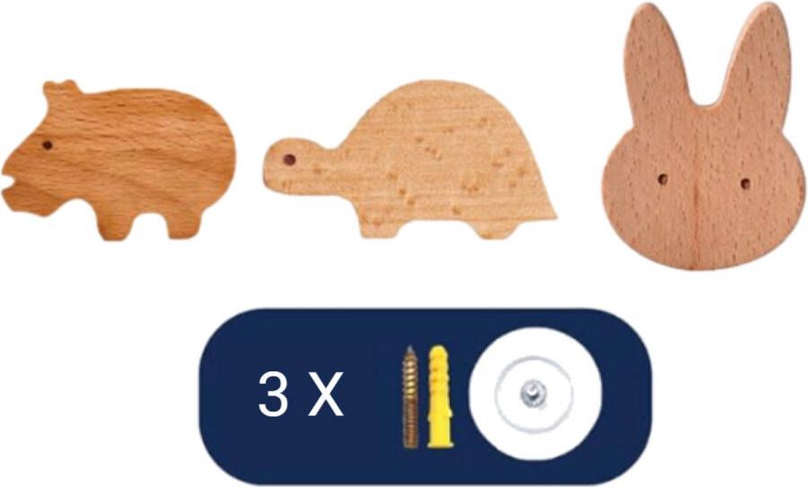 &ERGY Kastknoppen Hout Set van 3 stuks Nijlpaard Schildpad Konijn Kastknoppen kinderkamer Deurknop hout Deurknopjes Goud Handgreep Goud Meubelknop Hout Meubelknoppen Hout Ladeknoppen voor deurtjes