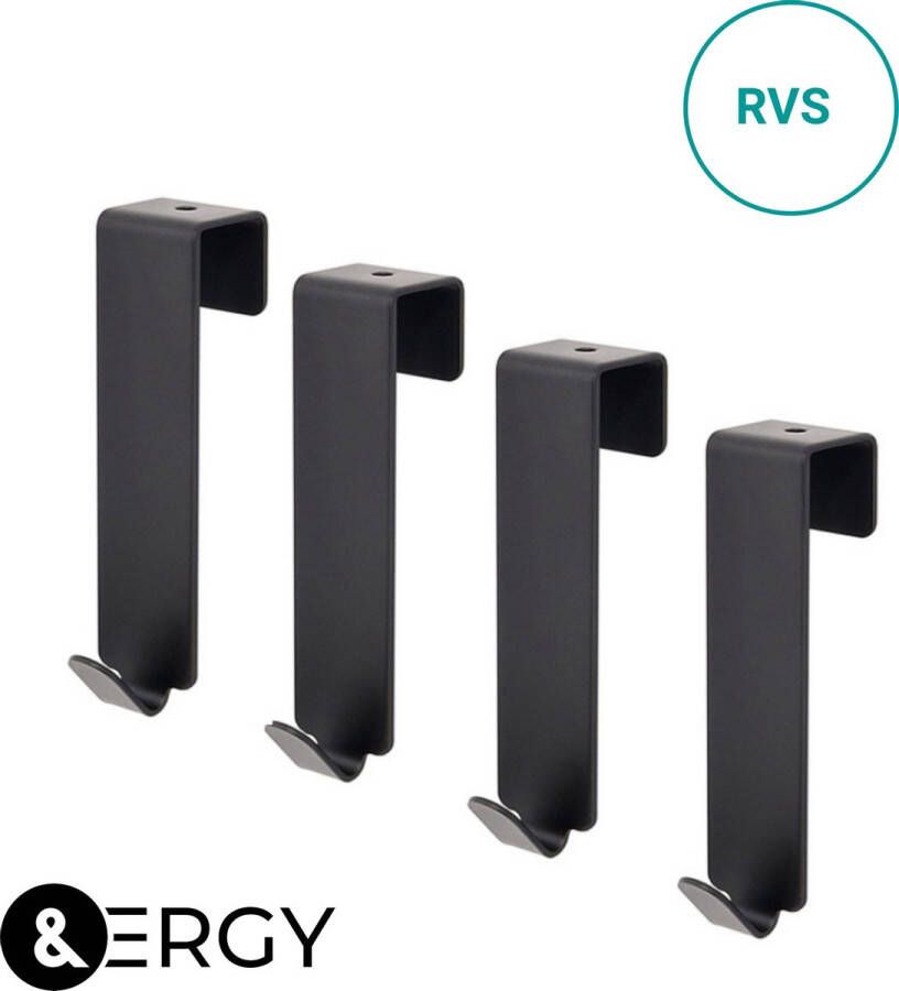 &ERGY Deurkapstok 4 stuks 10 cm RVS Mat Zwart Deurhaak Deurhanger Deur kapstok hangend Ophanghaak Ophangrek Niet geschikt voor opdekdeuren