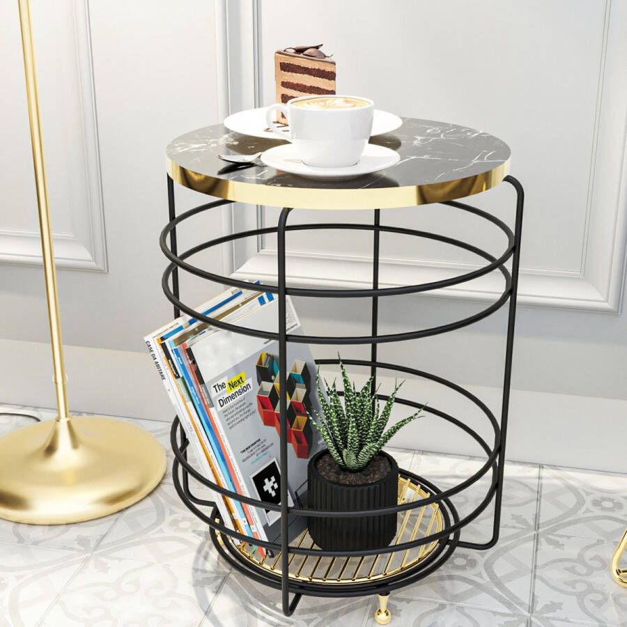 En.casa Bijzettafel Padasjoki rond met 1 plank 55xØ40 cm goudkleurig en zwart marmerlook