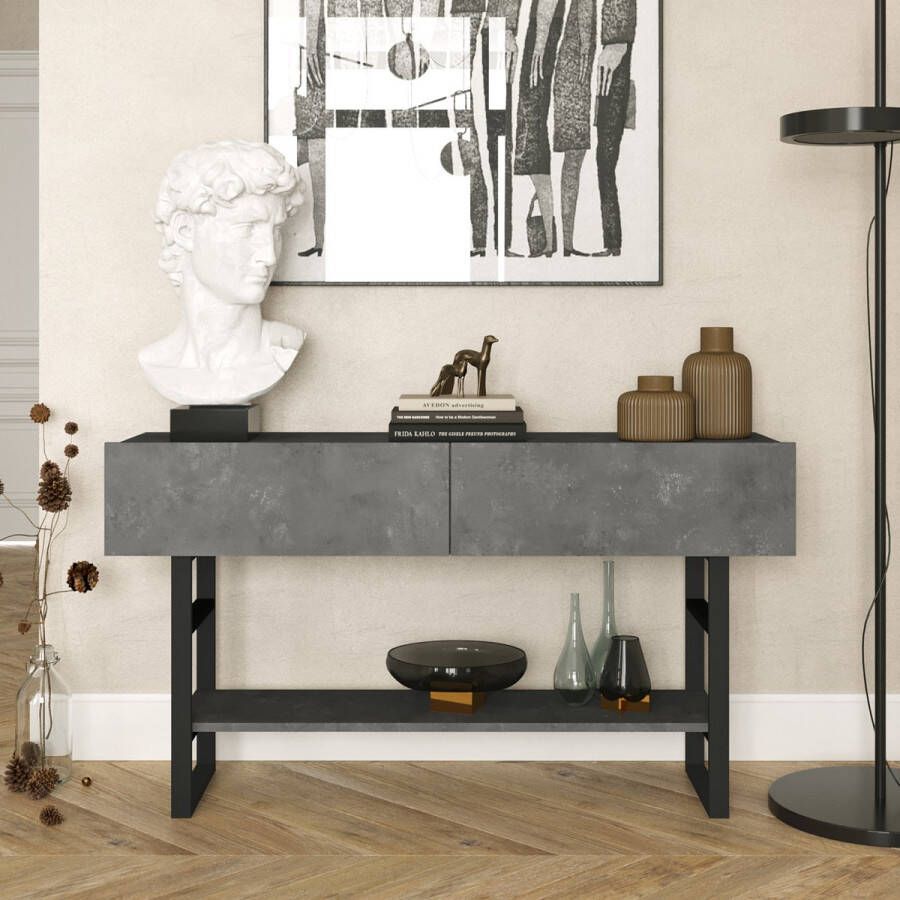 En.casa Console tafel sidetable Lappeenranta 139x43x76cm betonkleurig en zwart